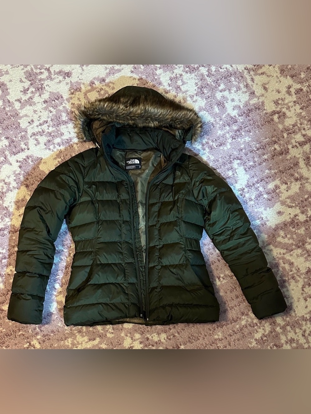 The North Face Women's Olive Green Quilted Puffer with Faux Fur Trim Hood